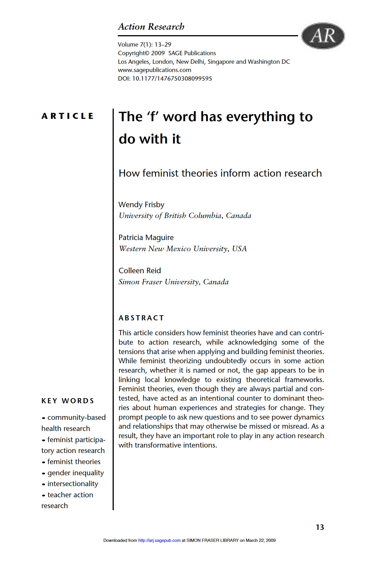 The f word - How feminist theories inform action research 2009