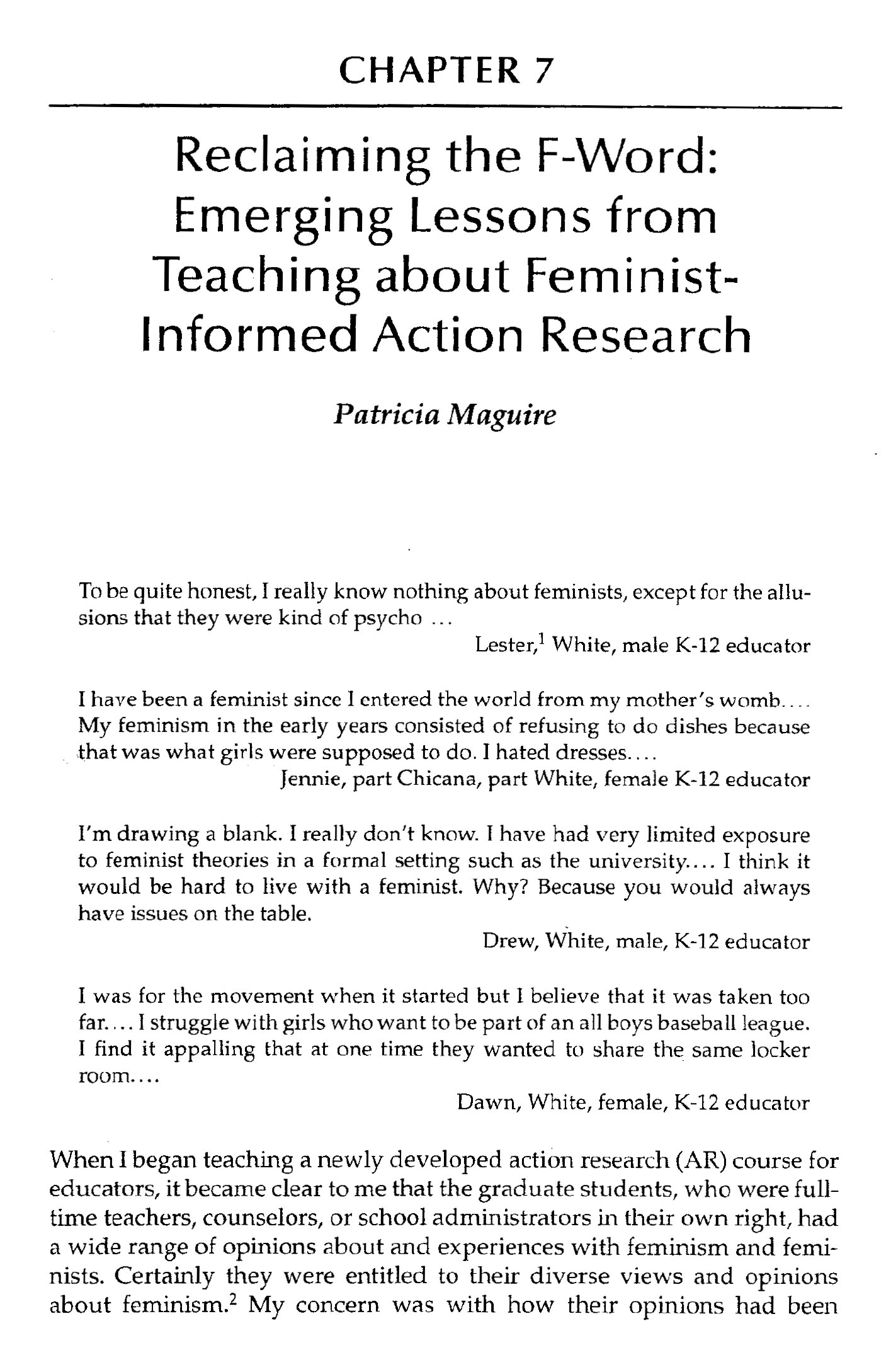 Reclaiming the f-word - Emerging lessons from teaching about feminist- informed action research 2004